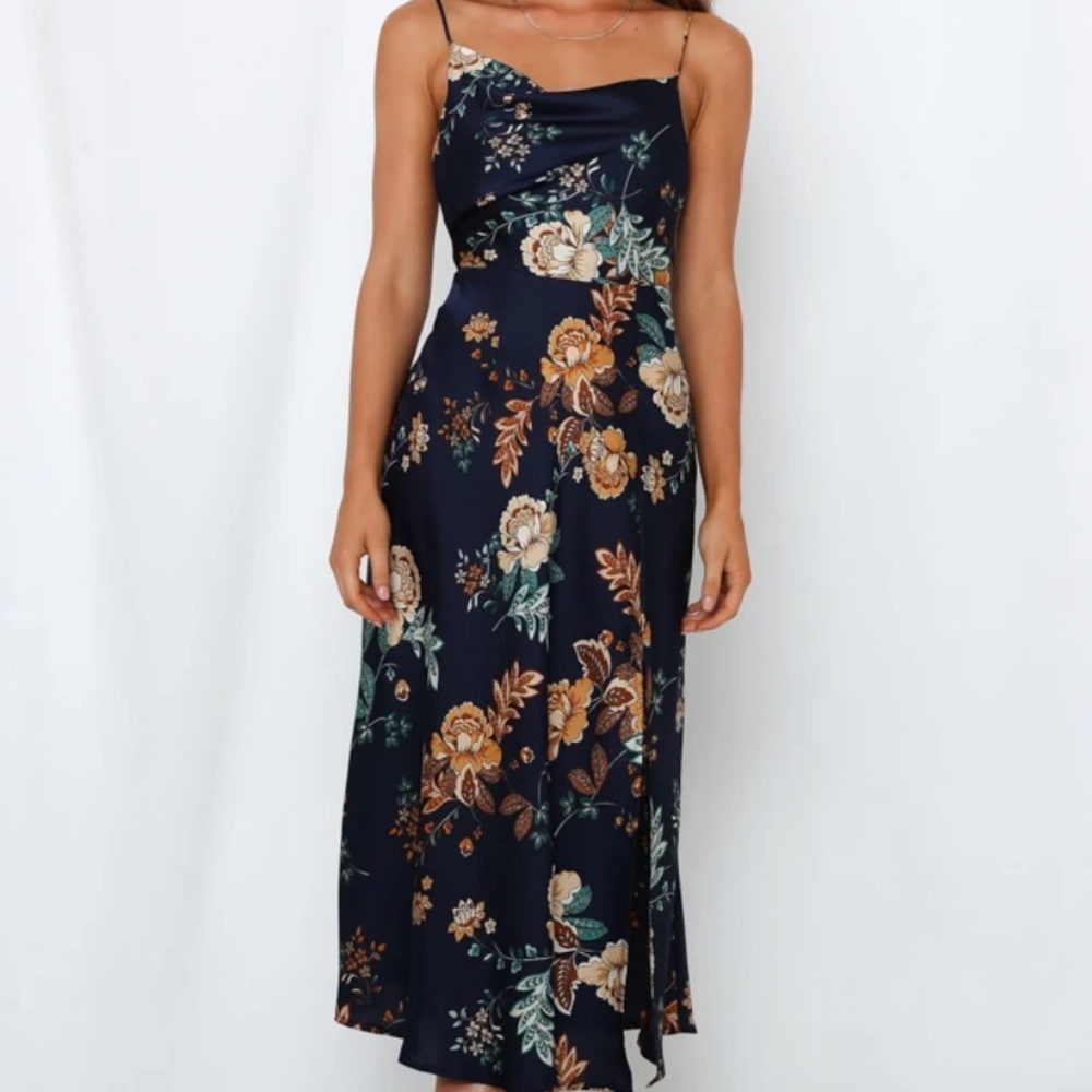 HelloMolly Atlas navy floral silk dress. Size Large.